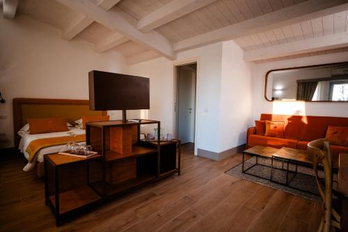 アルビニアにあるRadicata Tuscany Relaisのベッド、テレビ、ソファのある寝室