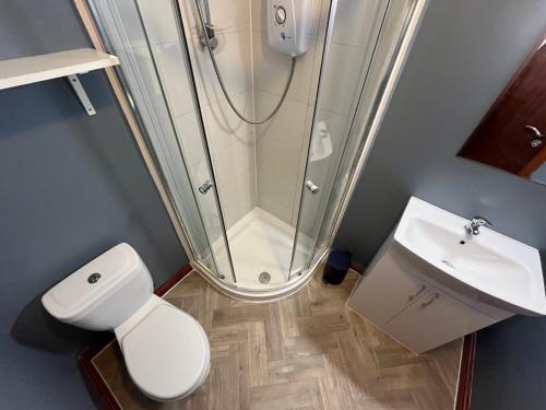 a bathroom with a shower and a toilet and a sink at Core Citi Lets, Guild Street Rooms in Aberdeen