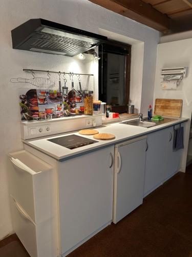 a kitchen with a white stove and a sink at TONIS Room - WPA Apartments in Moosthenning