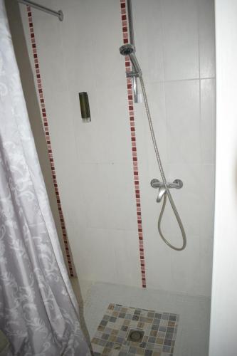 a shower with a shower curtain in a bathroom at Le Lieu in Saint-Amour