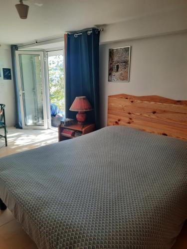 a bedroom with a bed with a blue curtain at Les coteaux de Planèze, chambre pour 2, 3 ou famille nombreuse 2 adultes 5 enfants et jeunes in Belmont-Bretenoux