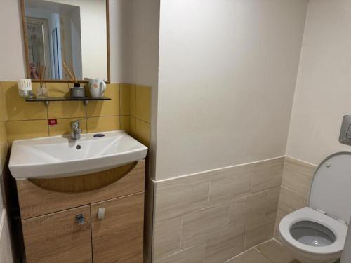 ein Badezimmer mit Waschbecken und Toilette in der Unterkunft Affordable & Cozy Room In Riga Centre - Shared Facilities in Riga