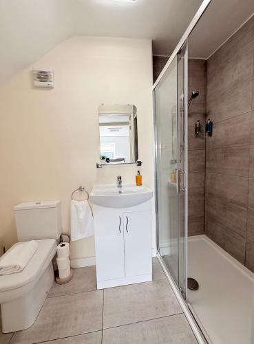 a bathroom with a toilet and a sink and a shower at The Hedley Townhouse in Bournemouth