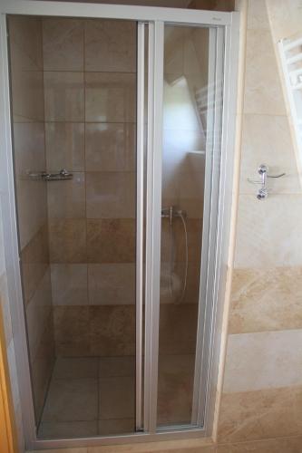 a shower with a glass door in a bathroom at u Andrása in Veľký Meder