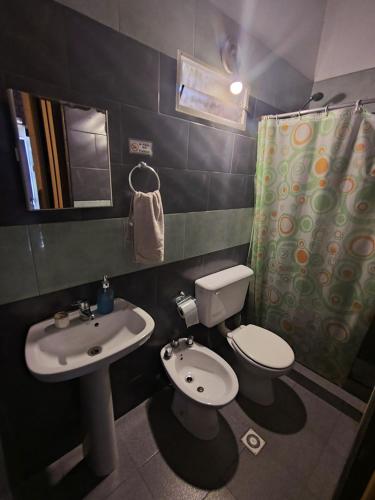 a bathroom with a sink and a toilet and a shower at Cabañas Cumbre in La Porteña