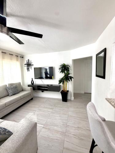 a living room with a couch and a tv at House Aurora next to Bush Gardens in Tampa