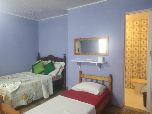 a blue room with two beds and a mirror at Pousada Dádiva girassol encantado Pontal Centro in Paraty