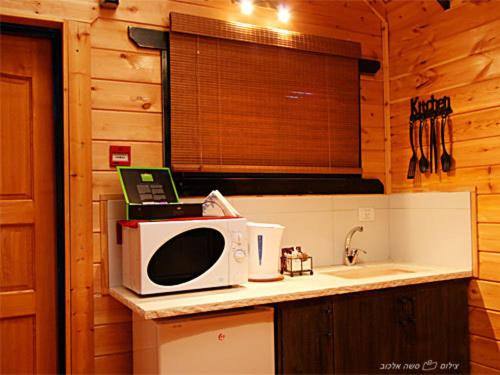 a kitchen with a microwave and a laptop on a counter at Noach Batavor in Kefar Qish