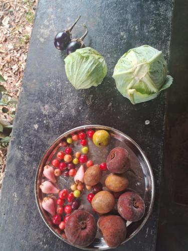 a bowl of fruit and vegetables on a table at Jungle retreat waterfalls in Kodaikānāl