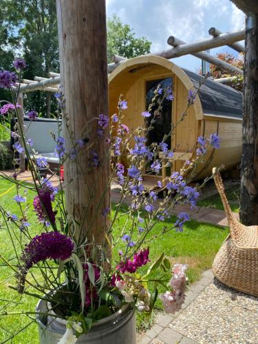a garden with purple flowers and a dog house at "ZeeLandZon" Holiday home by the lake with Jacuzzi and Sauna in Herkingen