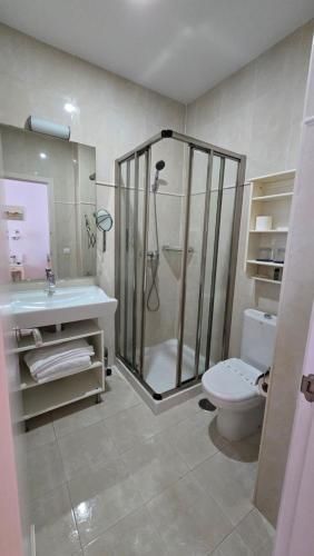 a bathroom with a shower and a toilet and a sink at Un Patio al Sur in Seville