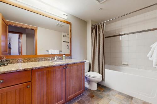 a bathroom with a sink and a toilet and a tub at Eagle Springs East 402: Buffaloberry Suite in Solitude