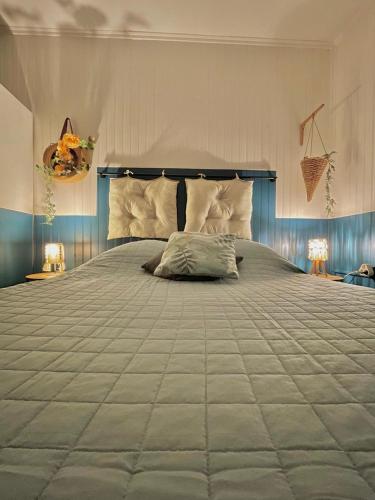 - une chambre avec un grand lit et un couvre-lit spacieux dans l'établissement Cascade et Paille-en-queue - Studio, à Hell-Bourg