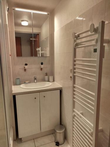 a bathroom with a sink and a mirror and a shower at Alt'à Luz, Duplex 2 étoiles, 4 Pers , Ménage inclus in Luz-Saint-Sauveur