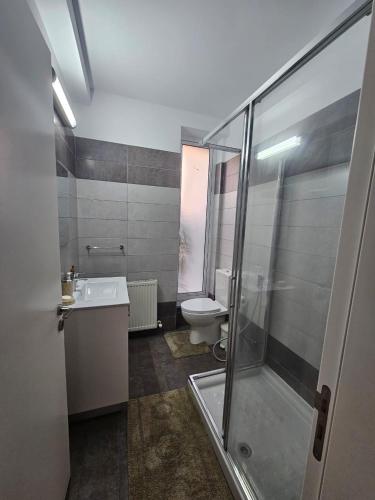 a bathroom with a toilet and a sink and a shower at 3 bedroom villa in Oroklini