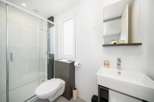 a bathroom with a toilet and a sink and a shower at Mobile Home KAPO in Sitno Donje