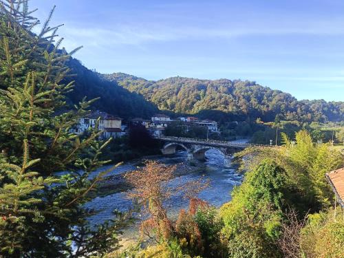 a train crossing a bridge over a river at La casa sul fiume in Pray