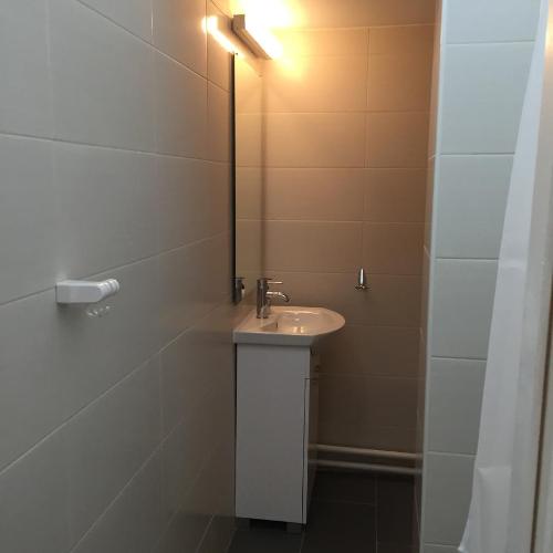 a bathroom with a sink and a mirror at Apartments Pia in Subotica