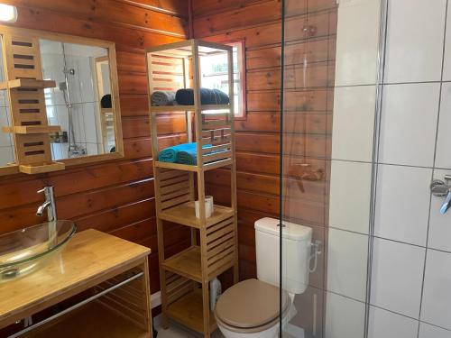 La salle de bains est pourvue de toilettes et d'un mur en bois. dans l'établissement Les gîtes Lanmou, à La Désirade