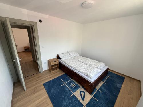 a bedroom with a bed and a blue rug at Bee apartman in Odorheiu Secuiesc