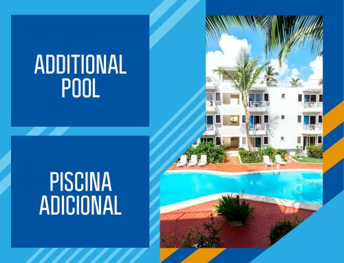 プンタ・カナにあるPASEO DE DUCASSI - STUDIOS and SUITES at LOS CORALES beachの「追加プール」というタイトルのリゾートの写真2枚をコラージュした作品
