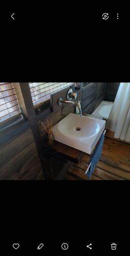 a white sink in a bathroom with a window at MASCHWITZ , verde y luz in Maquinista Savio