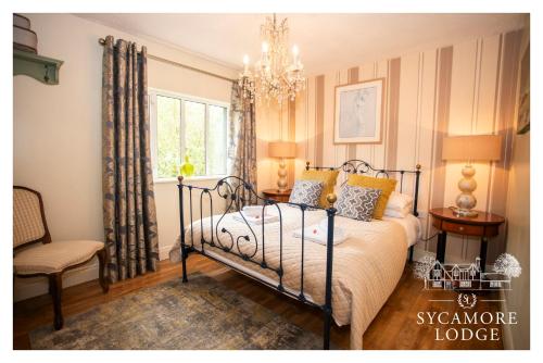 a bedroom with a bed and a chandelier at Sycamore Lodge in Kilkee