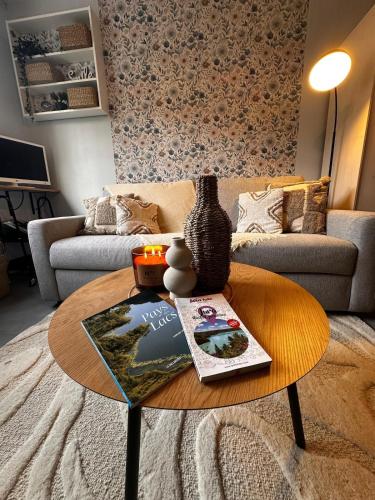 un salon avec une table basse et un canapé dans l'établissement La Chambre de Sophie - Studio et garage au calme, proche centre ville, à Lons-le-Saunier