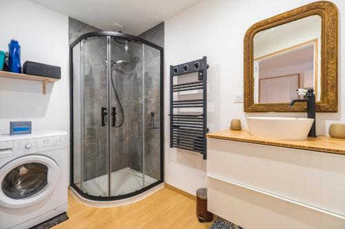 a bathroom with a shower and a sink and a washing machine at Les Hauteurs du Trieux in Quemper-Guézennec