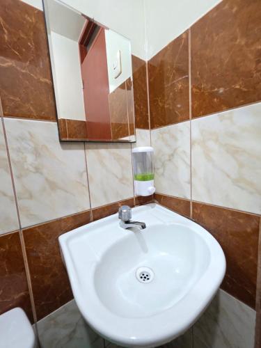 a bathroom with a white sink and a mirror at Hostal Leo in Lima