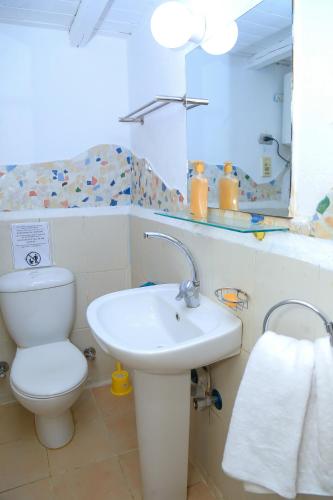 a bathroom with a toilet and a sink and a mirror at Nubian Palace Eco Lodge - A Nubian Home Since 1959 in Aswan