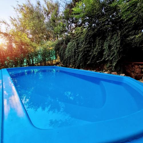 a blue swimming pool with trees in the background at Cabaña La Triada Pileta Privada Grupo Cabaña La Triada in Río Ceballos