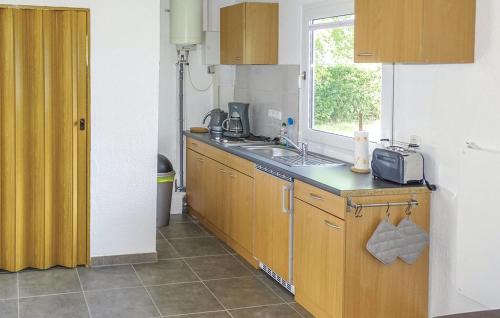 a kitchen with wooden cabinets and a sink and a window at Cozy Home In Schwerin With Wifi in Wittenförden