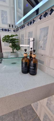two bottles of soap sitting on a counter in a bathroom at HCHOTELS Rivero520 in Arequipa