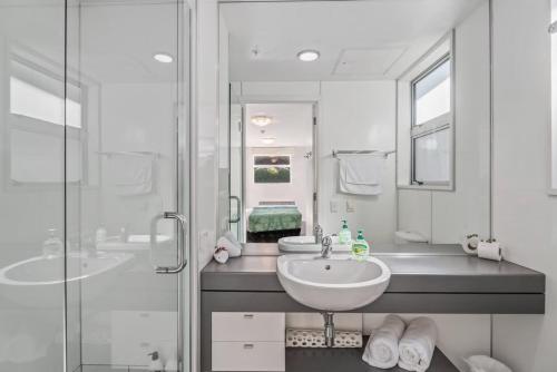 弗兰克顿Cosy & Comfortable Studio Marina 203a的带水槽和淋浴的白色浴室