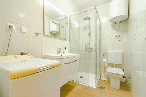 a bathroom with a sink and a toilet and a shower at Seaside apartments with a swimming pool Prizba, Korcula - 10056 in Brnistrova