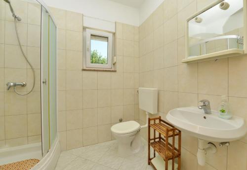 a bathroom with a toilet and a sink and a shower at Apartments by the sea Vir - 24953 in Vir