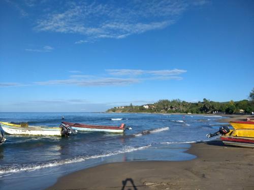 dos barcos sentados en la orilla de una playa en Dragonfly, en Treasure Beach
