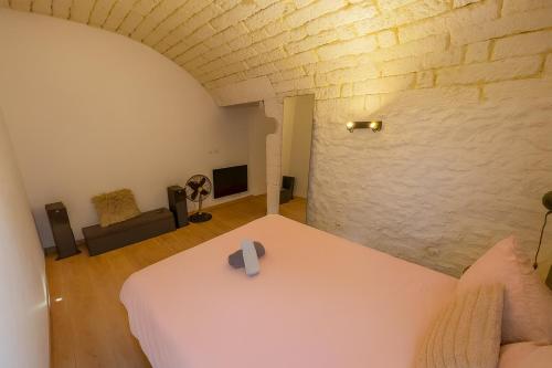 a room with a white bed and a couch at T2 Avec Jacuzzi En Face de l'Arc de Triomphe B in Montpellier