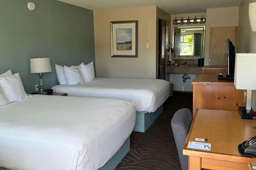 a hotel room with two beds and a desk at The Yellow House in Bamble