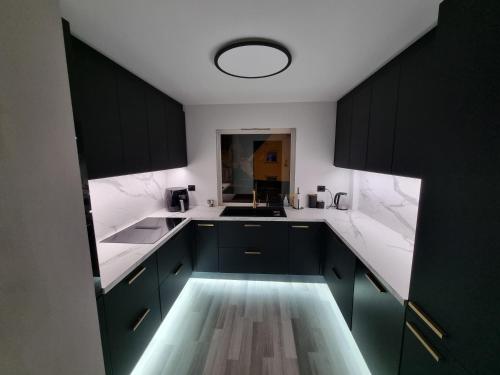 - une cuisine avec des placards noirs et un évier dans l'établissement Spacious and central apartment with a private garden, Free parking and Free EV recharging, à Stavanger