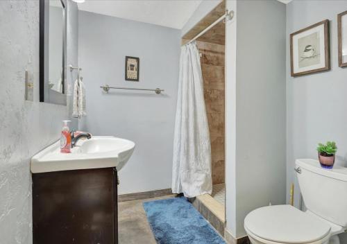 a bathroom with a sink and a toilet and a shower at Historic Downtown Gettysburg Gem in Gettysburg
