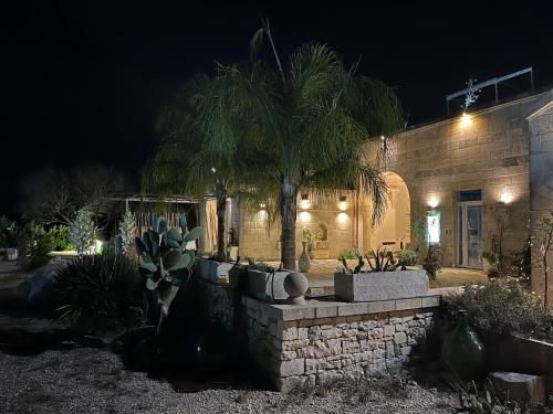 a house with a palm tree in a yard at night at Masseria Petra in Martano