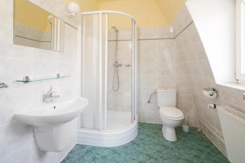 a bathroom with a shower and a toilet and a sink at Penzion Rossini in Františkovy Lázně