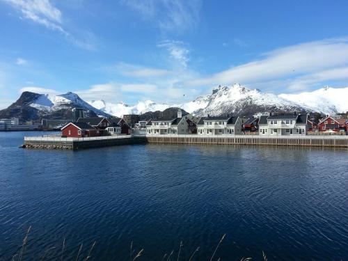 a group of houses on the water with snow covered mountains at Rorbuene Svolvær Havn in Svolvær