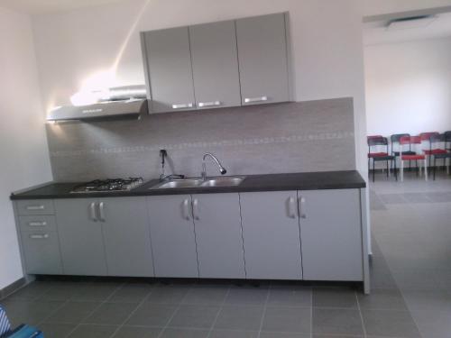 a kitchen with a sink and a counter top at Complex Turistic Dávid in Boghiş