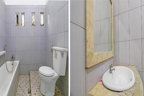two pictures of a bathroom with a toilet and a sink at Hotel O Wisma Permata Syariah in Bangko