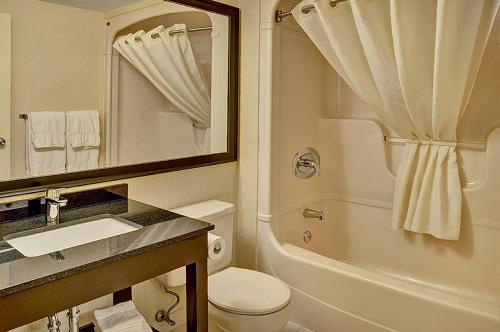 Un baño con inodoro, lavabo y ducha. en Comfort Inn West, en Edmonton