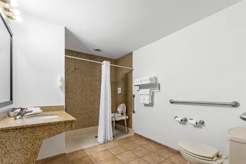 a bathroom with a shower and a toilet and a sink at Comfort Suites in Gothenburg