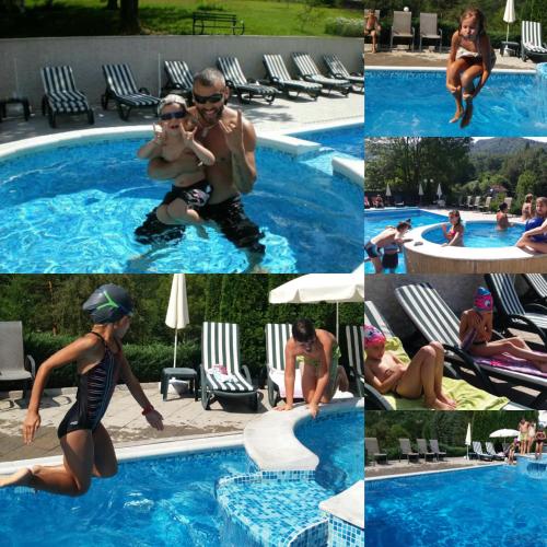 a collage of photos of people in a swimming pool at Hotel Perfect in Yamna
